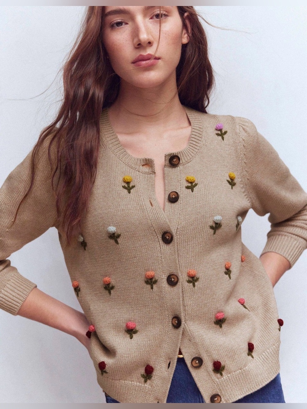 Boden Cream Davina Puff Sleeve Cardigan xl flower embroidery